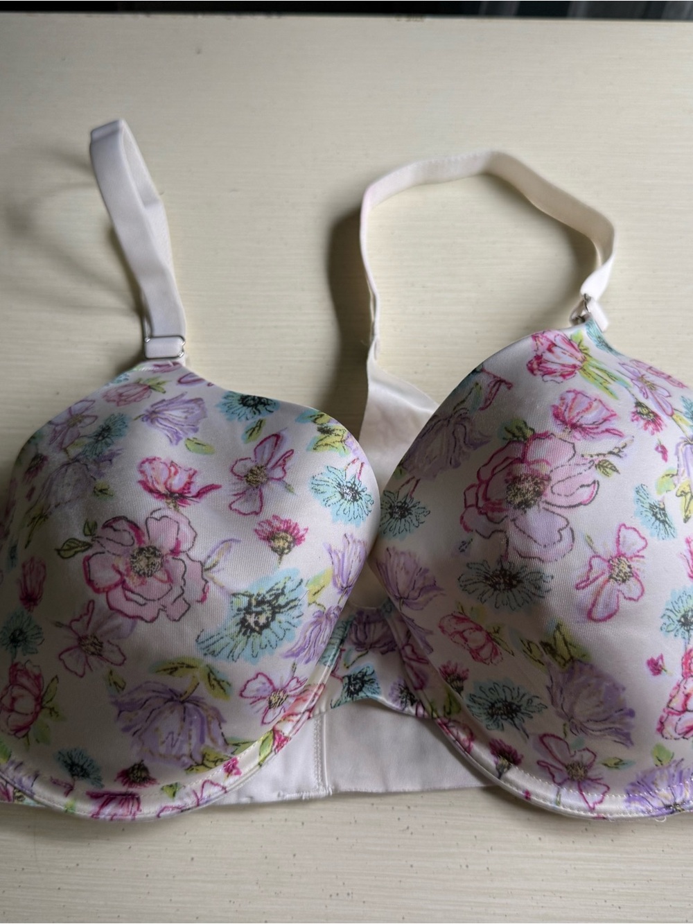 Secret Treasures White Floral Moulded Bra with Pink & Blue Accents
